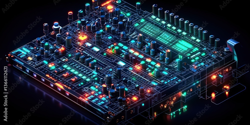 Poster colorful electronic music mixer with illuminated buttons and dials in a dark studio setting