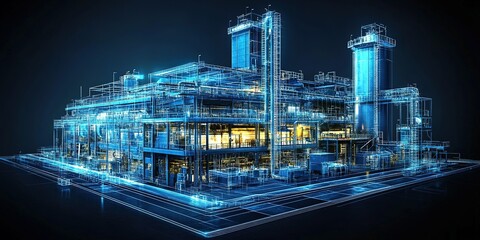 Fototapeta premium Digital representation of an industrial facility showcasing detailed architecture and structure at night