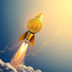 A Bitcoin logo attached to a rocket blasting off from a launch pad, soaring upward into a clear sky filled with upward-trending charts. 