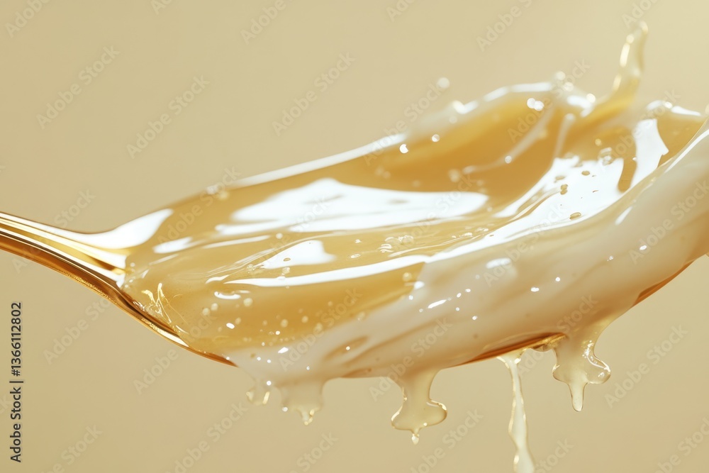 Poster golden honey flows from a spoon, creating a delightful splash and texture.