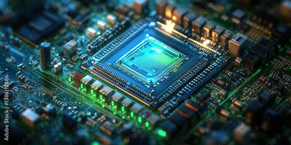 Poster exploration of a high-tech microchip on a circuit board illuminated by green lights in a modern lab