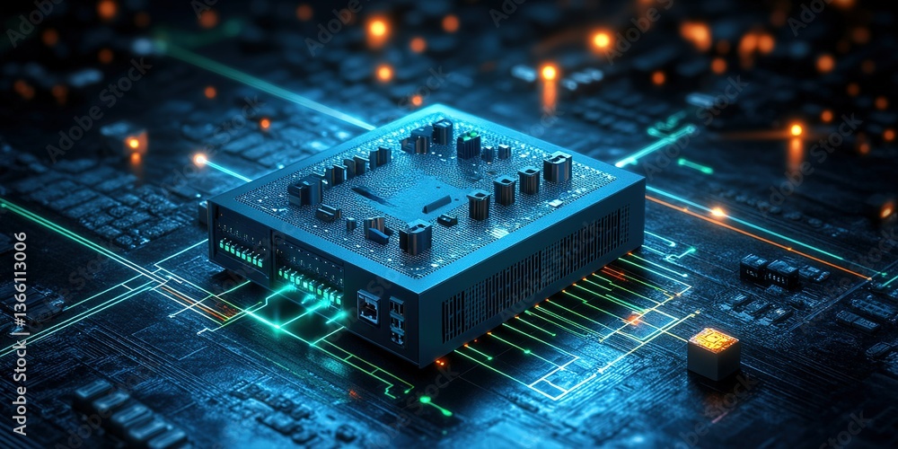 Poster digital circuit board featuring a central processor at night with glowing lights in a technology lan
