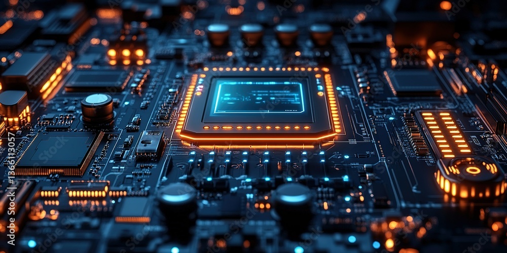 Poster close-up view of a high-tech circuit board with vibrant orange and blue lighting highlighting compon