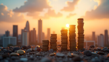 A series of stack of Coins against a city skyline background. Representing Financial Growth and Investment in Real Estate.