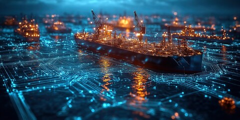 Obraz premium Ships illuminated at night on water with vibrant reflections and modern technology elements