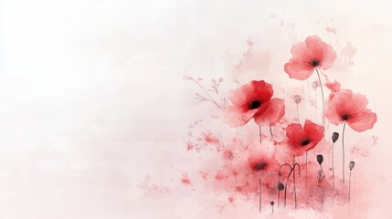 A digital watercolor of poppies gently swaying in the breeze, symbolizing remembrance and sacrifice on Memorial Day. Warm red tones. minimalism, Light illustration style 