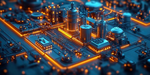 Industrial complex exhibiting intricate machinery and glowing pipelines at night