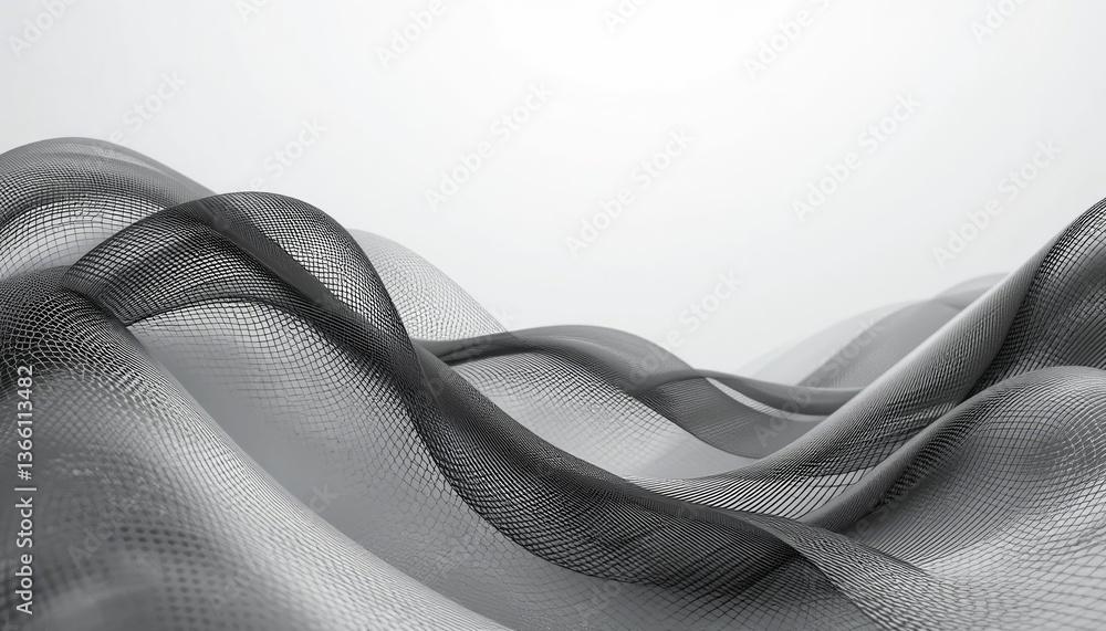 Poster flowing black mesh waves abstract art minimalist design soft textures studio setting captivating vis