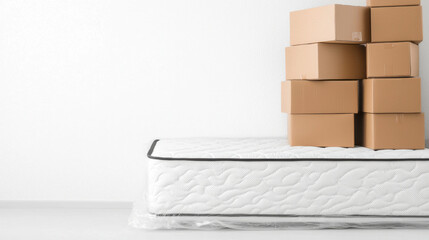 new mattress wrapped in plastic leans against wall with stacked cardboard boxes
