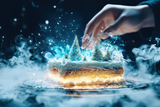 Whimsical cake creation fantasy landscape food art magical setting ethereal lighting dreamy dessert concept