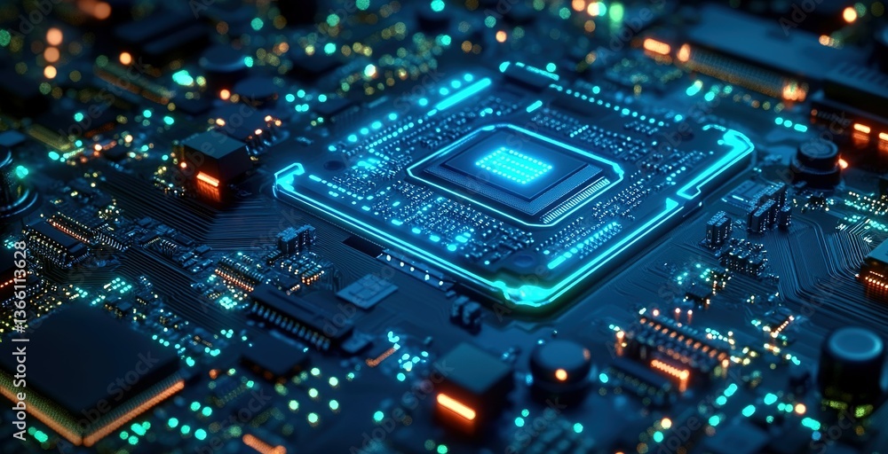 Poster close-up view of a glowing microprocessor on a circuit board with intricate details and vibrant ligh