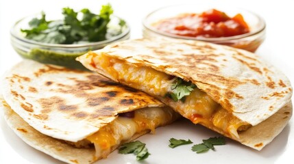 Cheesy quesadilla cut in half, with gooey cheese stretching and salsa droplets flying.