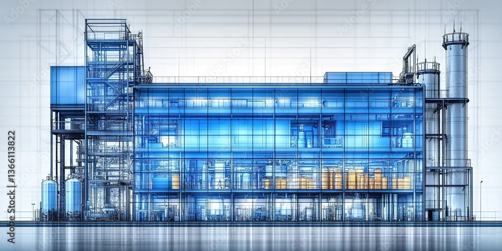 Poster modern industrial building design showcasing transparency and innovation in a factory setting