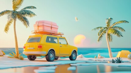 May Day Golden Week car self-driving tour 3D illustration, summer travel and summer vacation travel concept illustration.