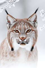 Fototapeta premium Majestic lynx gazes intensely against serene snowy backdrop, sho