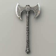 Intricate double headed battle axe with Nordic carvings on neutral background
