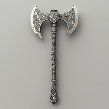 Intricate double headed battle axe with Nordic carvings on neutral background
