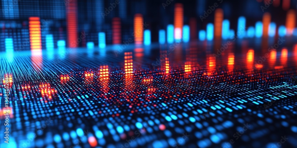 Poster data visualization shows vibrant trends in digital analytics during nighttime analysis session