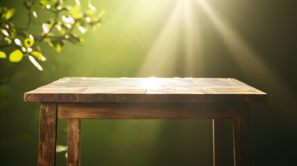rustic wooden table under sunlight with protective clear plastic cover, surrounded by greenery