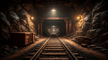 Dimly lit underground mine tunnel with tracks and mining carts. Created with Ai