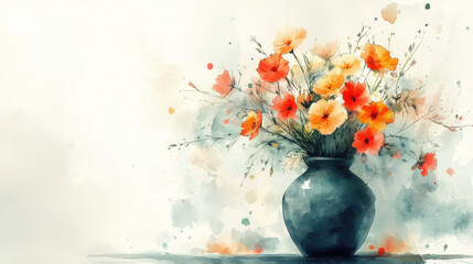 A serene watercolor depiction of orange and yellow flowers in a dark vase, evoking tranquility and beauty.