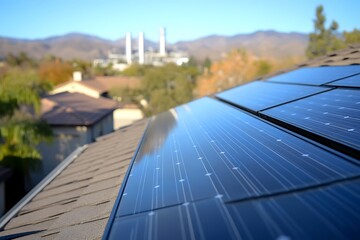 Rooftop solar panels for renewable energy Suburban scenery with homes and distant mountains on clear day