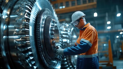 A maintenance engineer inspecting the condition of a power plant turbine, with engineering tools, gauges, and safety equipment visible