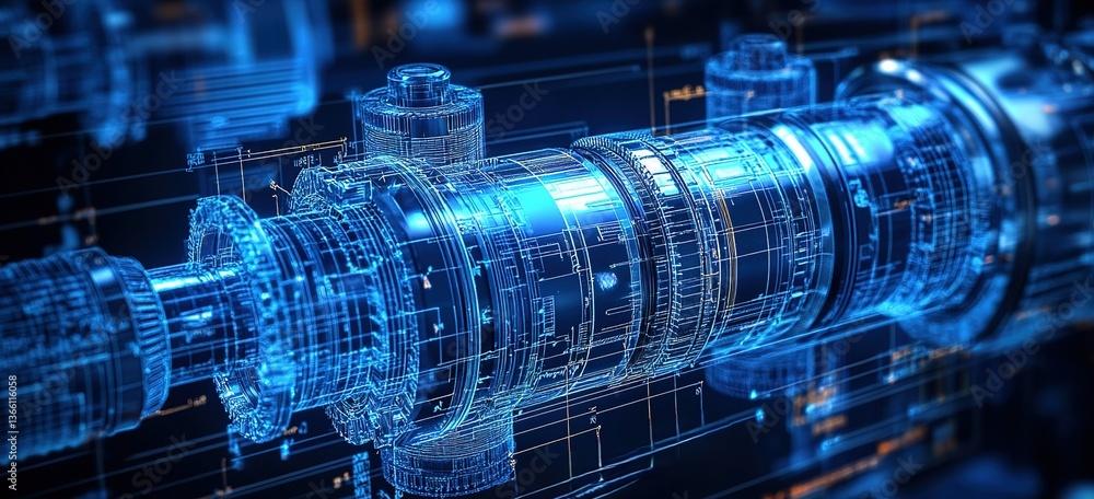 Poster 3d rendering of a futuristic mechanical component in a blue digital environment showcasing intricate