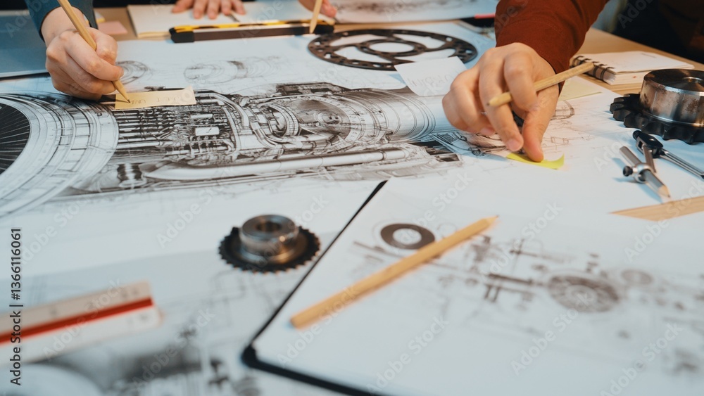 Poster focused hands create detailed technical drawings and engineering designs on a workspace filled with 