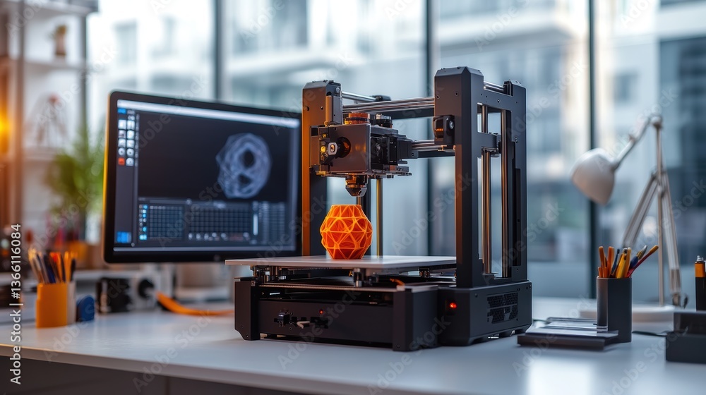 Poster a 3d printer working to print an object, with digital models displayed on a computer screen, in a mo