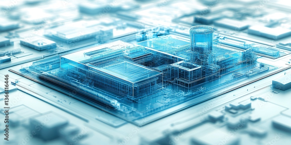 Poster digital blueprint of an industrial facility displayed with a transparent 3d effect showcasing modern
