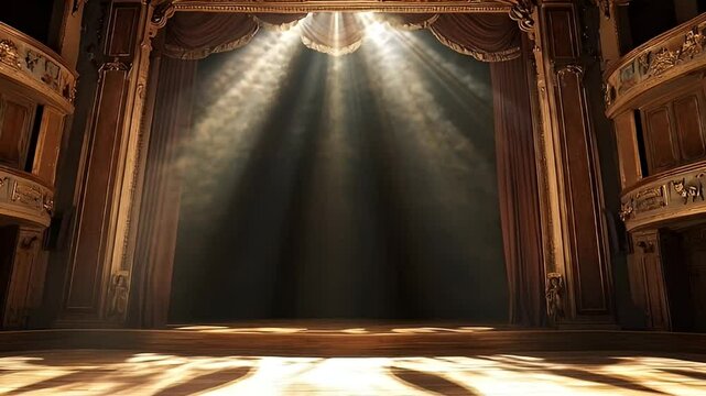 A dramatic empty stage in an ornate theatre, illuminated by a single spotlight.