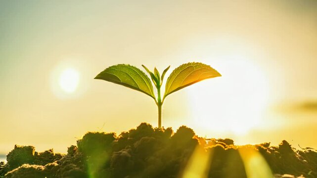 "Time-lapse of a plant sprouting and growing towards the sunlight at sunrise, unfolding leaves in a vibrant garden.