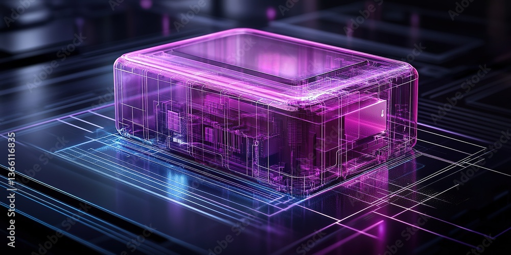 Poster digital cube glowing with neon lights in a futuristic tech environment showcasing advanced circuitry