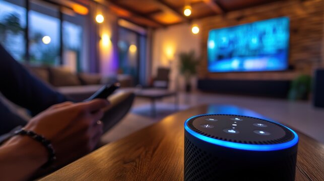 A person using voice assistants like Amazon Alexa or Google Assistant, controlling home devices like lights, thermostat, and music