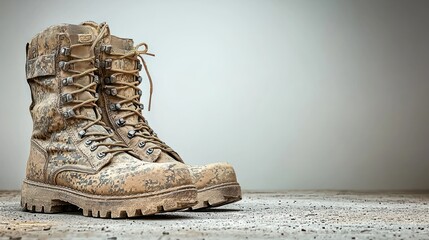 Worn combat boots on dusty floor, neutral background; military, survival, adventure