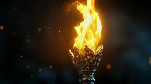 A detailed, cinematic shot showcasing a vibrant, stylized torch with glowing orange and yellow flames.