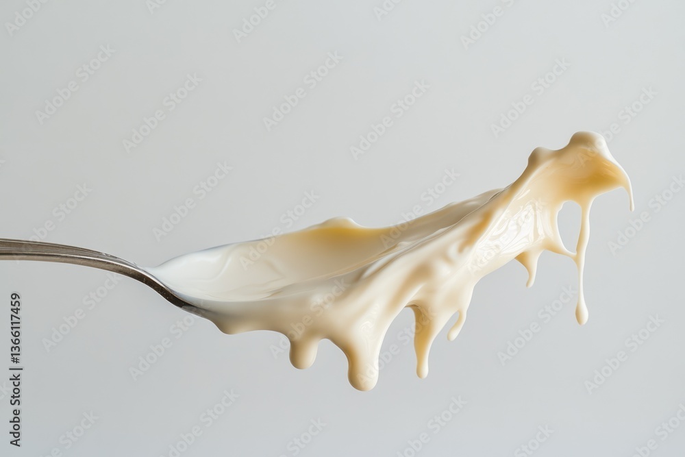 Poster creamy liquid splashing from a spoon, creating a dynamic, elegant swirl.