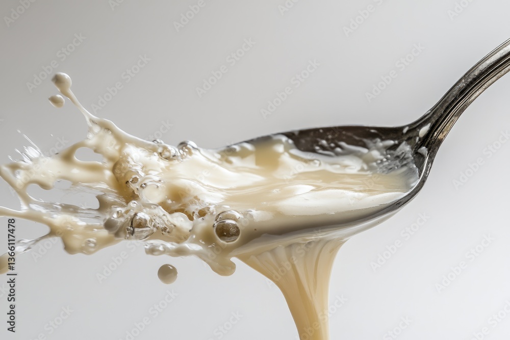 Poster creamy liquid splashing from a spoon, creating a dynamic and visually appealing scene.