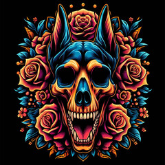 A skull with a dog's head on top of it and roses surrounding it