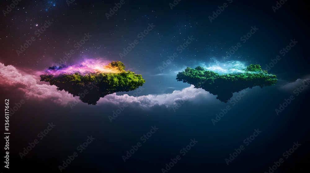 Poster two abstract floating islands surrounded by clouds and illuminated with cosmic lights in night sky
