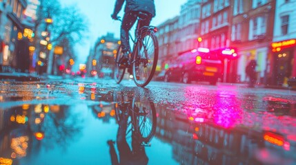 Cyclist Riding on Wet Street with Reflection in Rainy City Scene