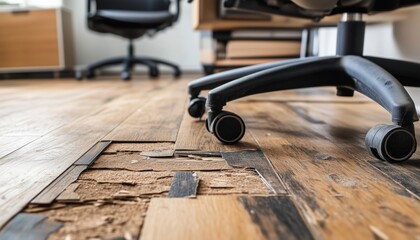 Protecting Damaged Laminate Floor From Office Chair Wheels In A Home - Close-Up View Of Necessary Preventative Measures.