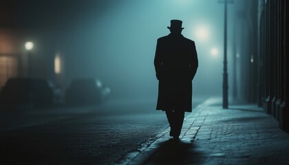 Man In Bowler Hat And Overcoat Strolling Through Misty Winter Street - A Picturesque Scene Of Urban Solitude Captured.