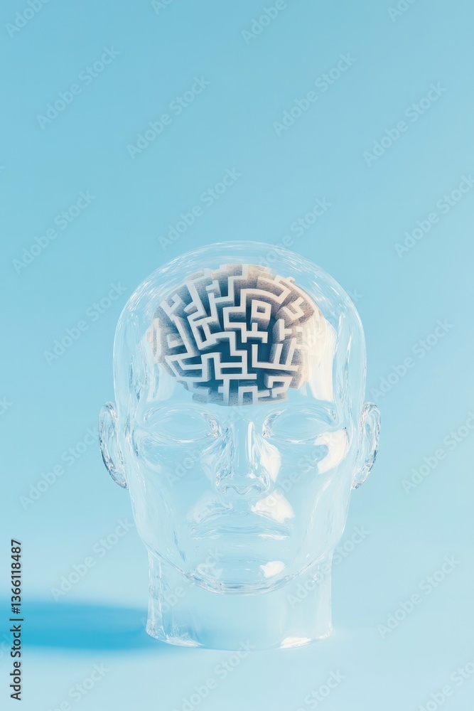 Poster conceptual artwork featuring labyrinth inside transparent human head symbolizing problem-solving and