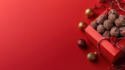 Indulge in rich chocolate candies nestled in a festive red box with holiday accents on a vibrant coral backdrop
