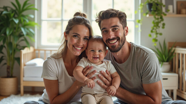 Familia joven y feliz con un adorable beb&eacute; sonriendo juntos en casa, posando para la c&aacute;mara. Tasa de natalidad, demograf&iacute;a - Parents' Day. Happy family. Baby and the parents photo.