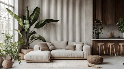 Elegant Modern Living Room Interior with Cozy Sofa and Lush Green Plant in Bright Natural Light