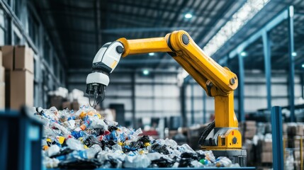 Naklejka premium An AI powered robot handling hazardous waste disposal in an industrial site, hazardous material handling area with real-time monitoring and robotic movement, Industrial technology style