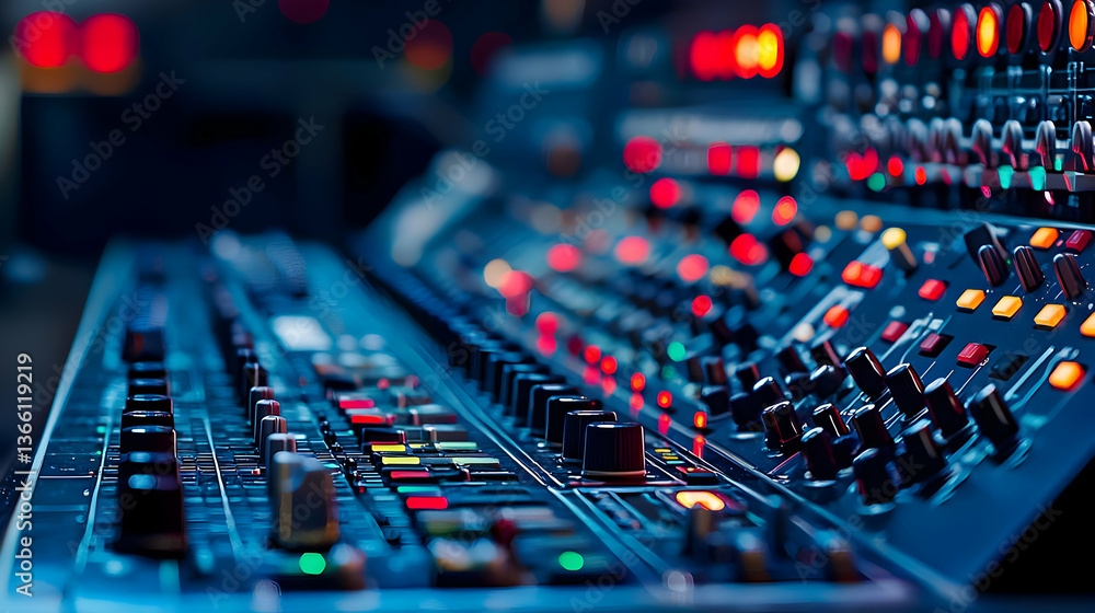 Poster detailed view of an audio mixer console with illuminated controls and blue tones in a professional s